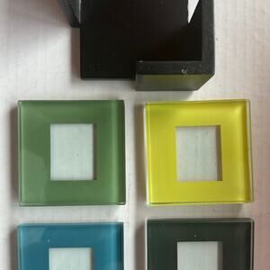 MCM Vintage modern Heavy Multicolor clear Glass Square Coaster Set and Holder